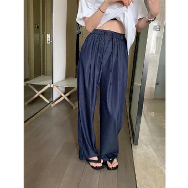 Lightweight and breathable Tencel denim narrow wide-leg pants [dark blue] [M-L size] [Contact customer service to confirm size after placing an order]