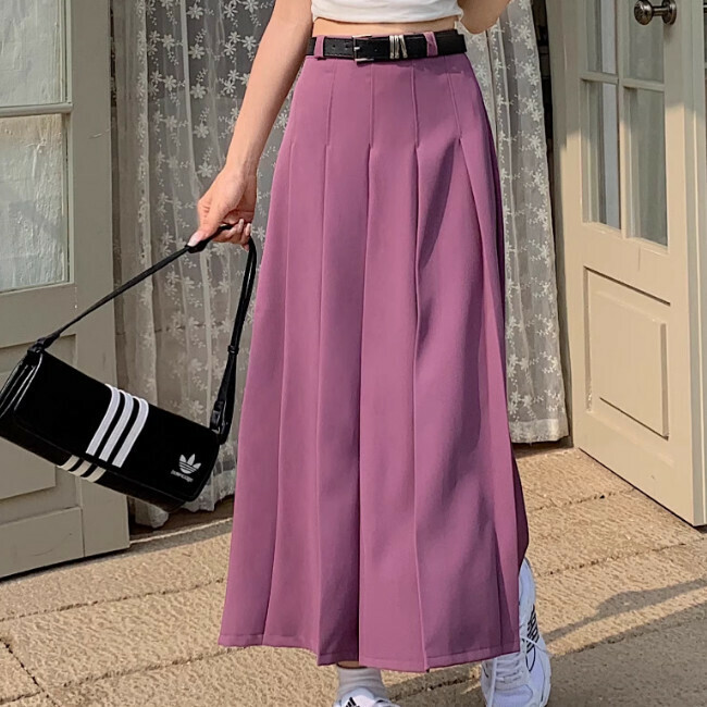 Hot selling solid color A-line pleated skirt (size S-XL) (purple) (contact customer service after placing the order to confirm the delivery size)
