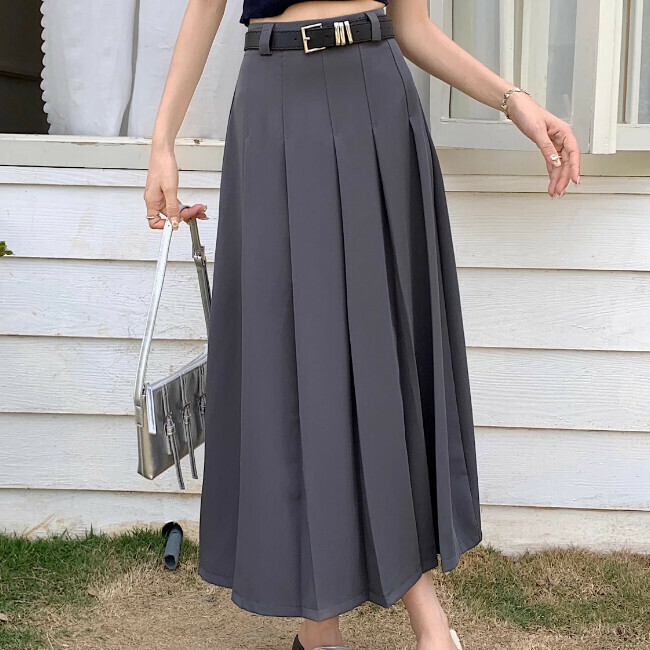 Hot selling solid color A-line pleated skirt (S-XL size) (grey) (contact customer service after placing the order to confirm the delivery size)