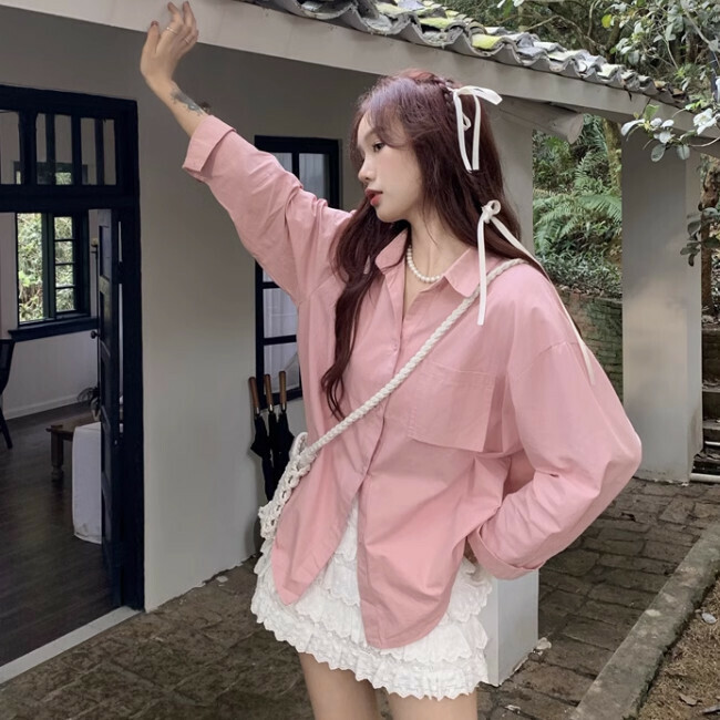 Hot Selling Polo Collar Long Sleeve Shirt (S-L Size) (Pink) (Contact customer service after placing order to confirm delivery size)