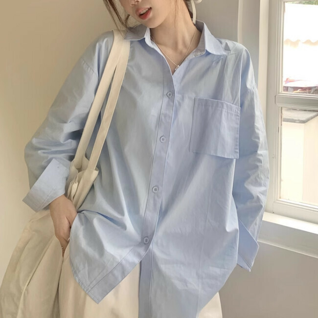 Hot Selling Polo Collar Long Sleeve Shirt (S-L) (Blue) (Contact customer service after placing order to confirm delivery size)