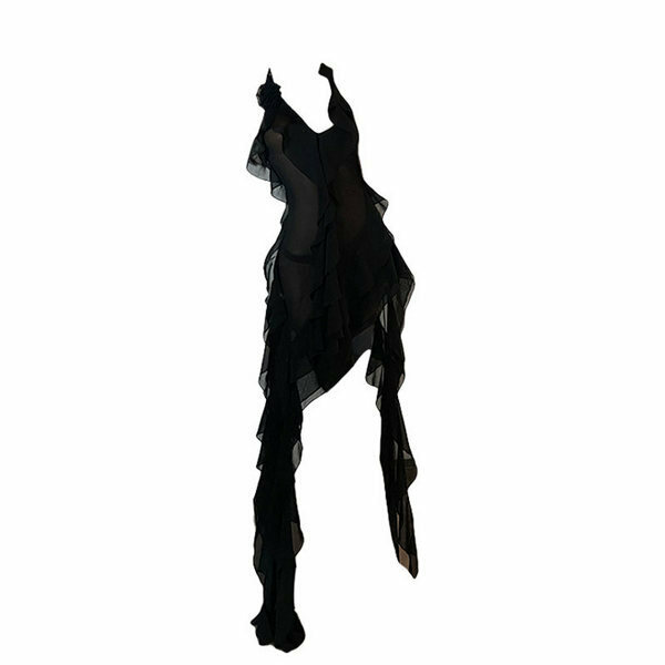 Hot selling ruffled patchwork halterneck skirt (black size L)