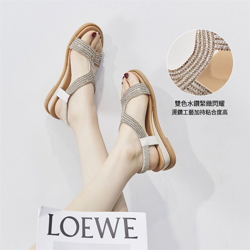Hot selling wedge heel rhinestone women's sandals (off-white, size 35-40) (please contact customer service to confirm the delivery size after placing the order)