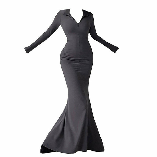 Hot-selling zipper lapel long-sleeved butt-covered fishtail dress (gray S-L) (please contact customer service to confirm the delivery size after placing the order)