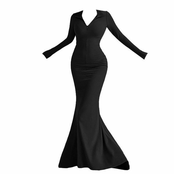 Hot-selling zipper lapel long-sleeved butt-covered fishtail dress (black size S-L) (please contact customer service to confirm the delivery size after placing the order)