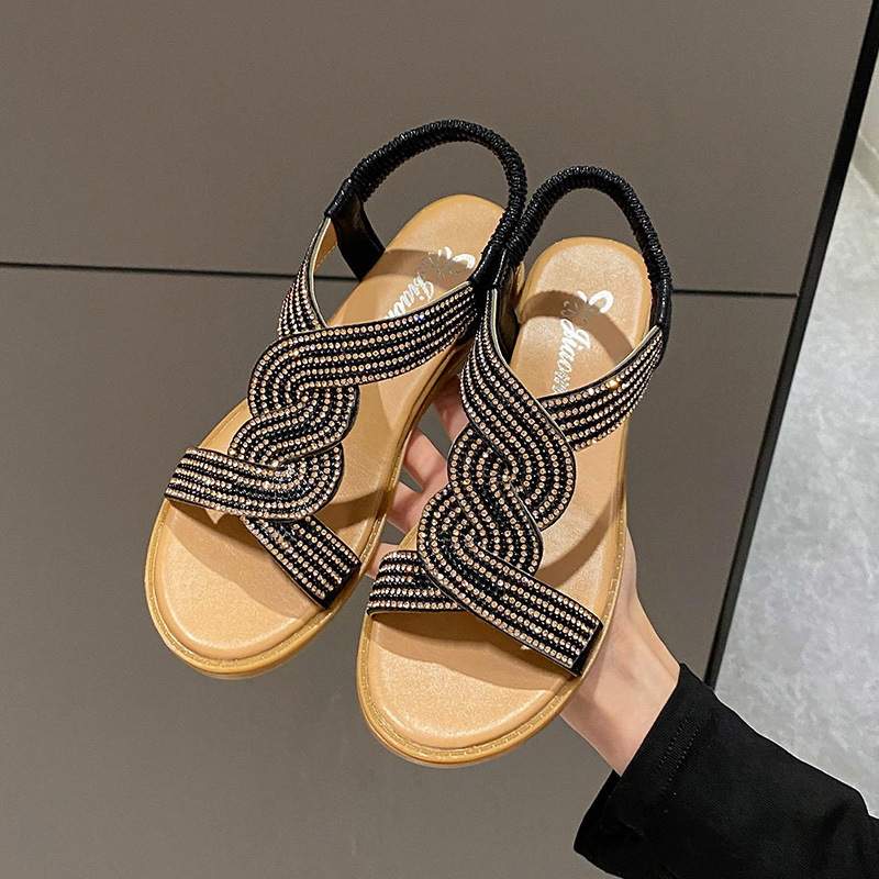 Hot selling wedge heel rhinestone women's sandals (black size 35-40) (please contact customer service to confirm the delivery size after placing the order)