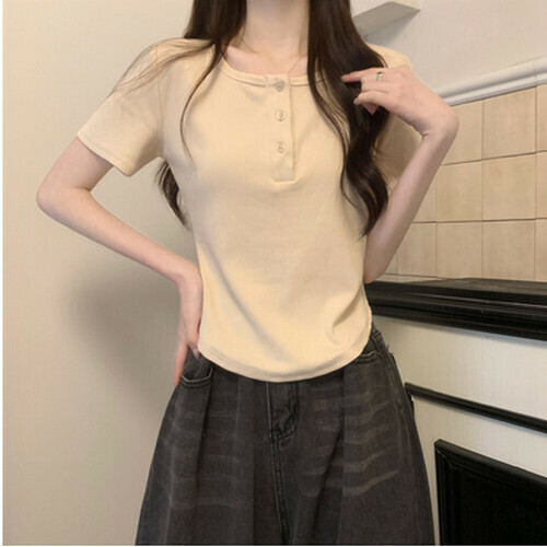 熱賣紐扣短袖T恤【杏色】【均碼】