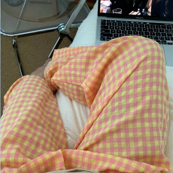 Summer high-waisted slim wide-leg trousers loose casual pajama pants [plaid orange pink] [one-size-fits-all]