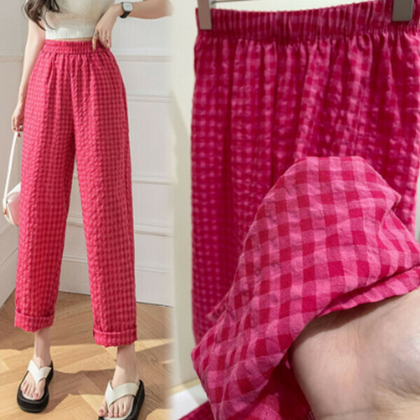 Summer high-waisted slim wide-leg trousers loose casual pajama pants [plaid dragon fruit color] [one size]