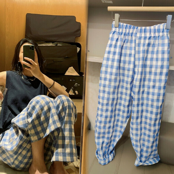 Summer high-waisted thin wide-leg trousers loose casual pajama pants [large plaid blue and white] [one size]