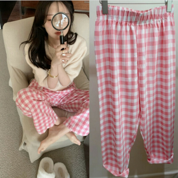 Summer high-waisted thin wide-leg trousers loose casual pajama pants [large plaid peach pink] [one size]