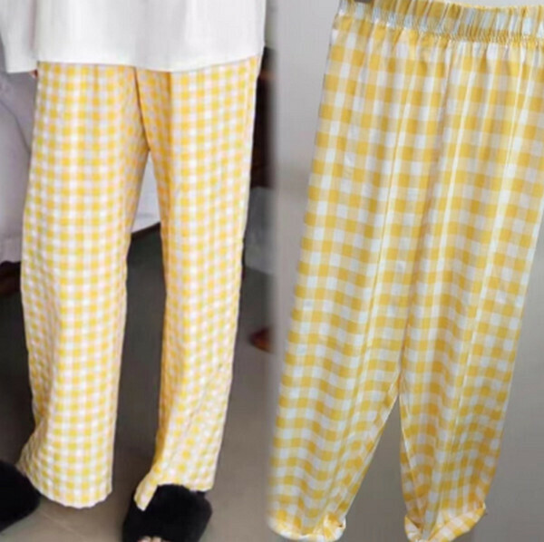 Summer high-waisted slim wide-leg trousers loose casual pajama pants [large plaid custard] [one-size-fits-all]