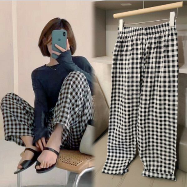 Summer high-waisted slim wide-leg trousers loose casual pajama pants [black and white check] [one size]
