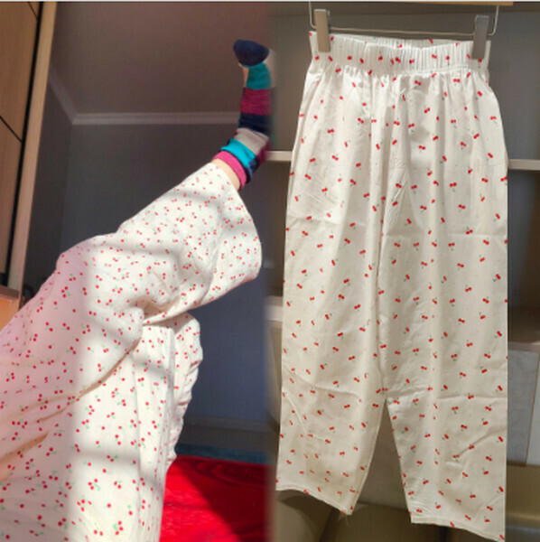 Summer high-waisted thin wide-leg trousers loose casual pajama pants [twill cotton white cherry on white background] [one size]