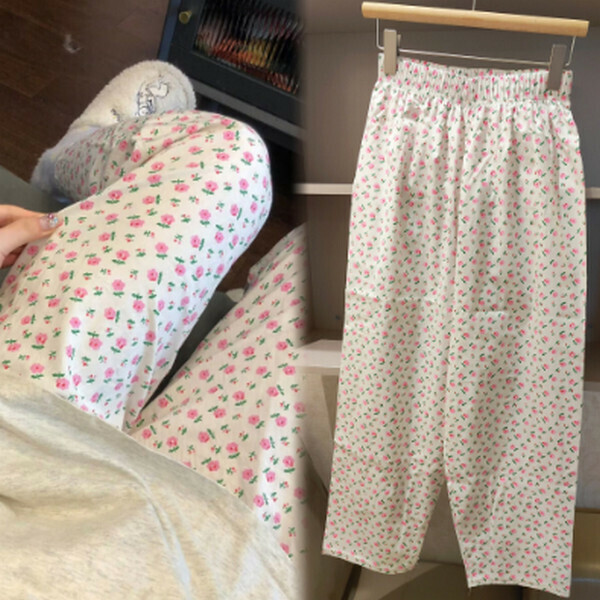 Summer high-waisted thin wide-leg trousers loose casual pajama pants [twill cotton white bottom floret] [one size]