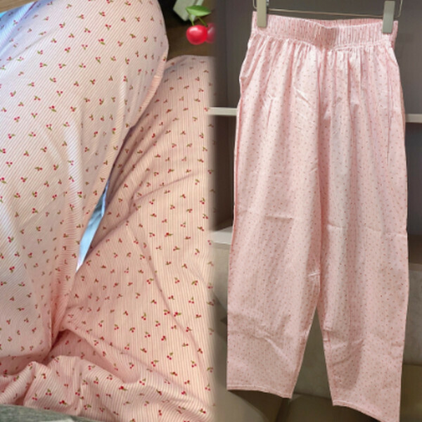 In summer, high-waisted and thin, wide-leg trousers, loose casual pajama pants [twill cotton vermicelli cherry] [one size]