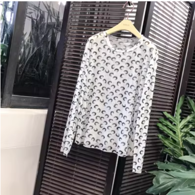 新款冰絲防曬長袖網紗t恤印花打底衫(白色底黑月亮）（均碼）