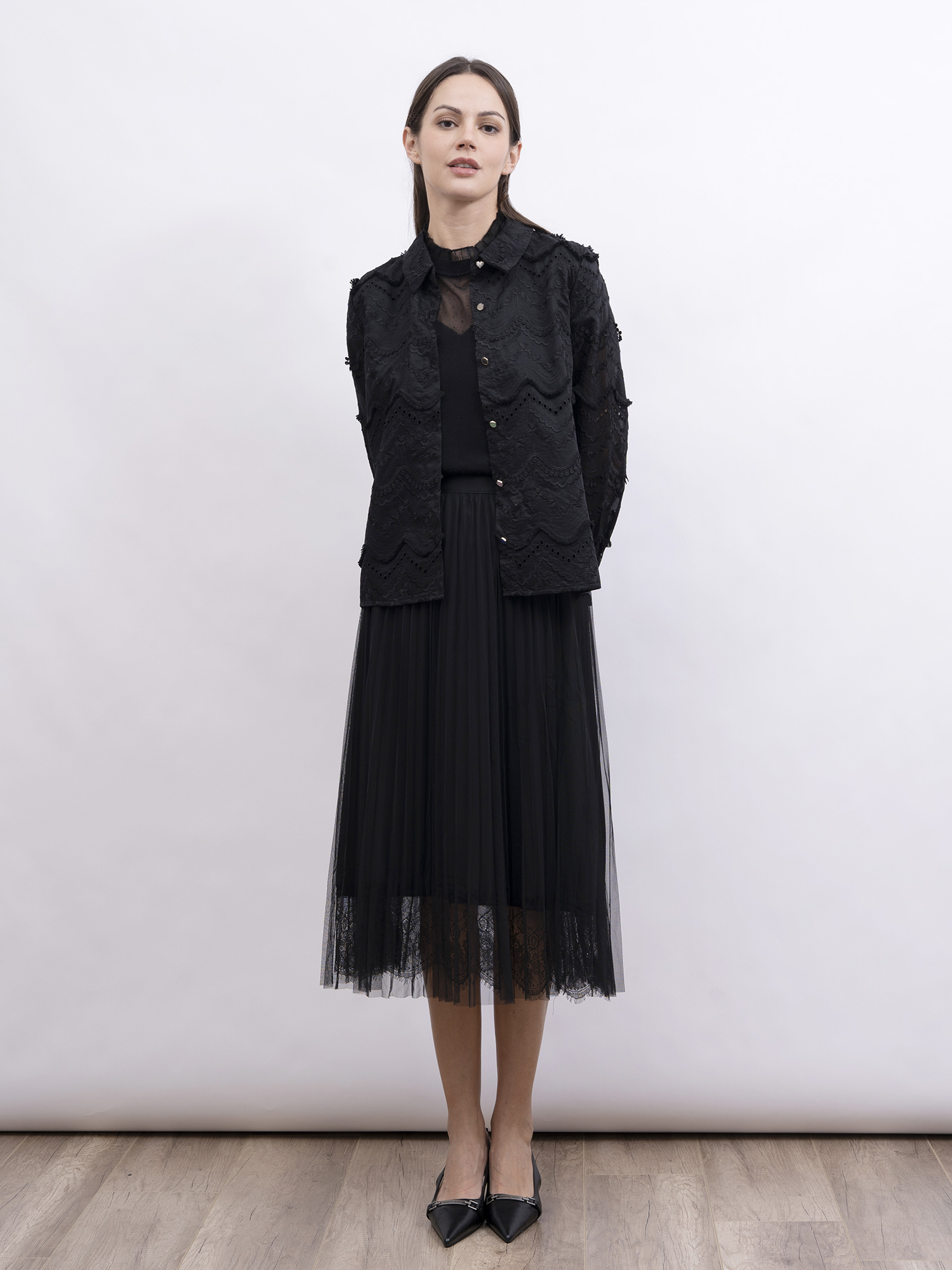 mi-tu 波浪蕾絲長袖恤衫