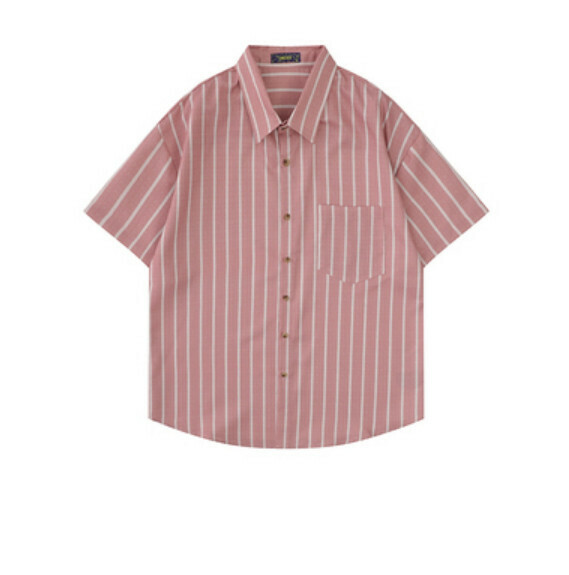 爆款條紋短袖襯衫(粉色)【M-2XL碼】【下單後聯絡客服確認發貨尺碼】