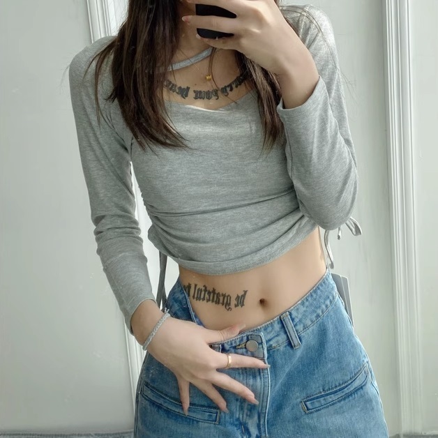 Hot selling side pleated drawstring long-sleeved knitted bottoming shirt (light gray) (S/M size) (contact customer service after placing the order to confirm the delivery size)