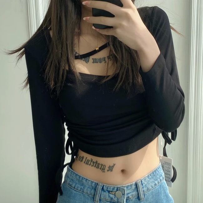 Hot selling side pleated drawstring long-sleeved knitted bottoming shirt (black) (S/M size) (contact customer service after placing the order to confirm the delivery size)