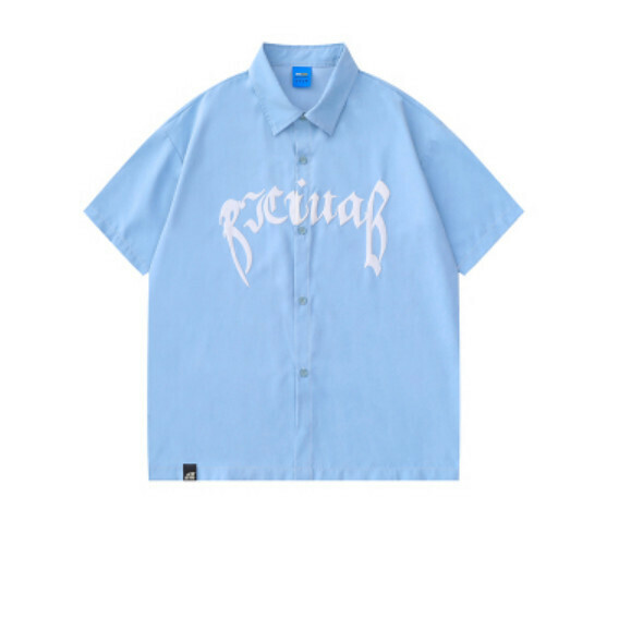 爆款夏季復古字母印花短袖襯衫(藍色)【S-XL碼】【下單後聯絡客服確認發貨尺碼】