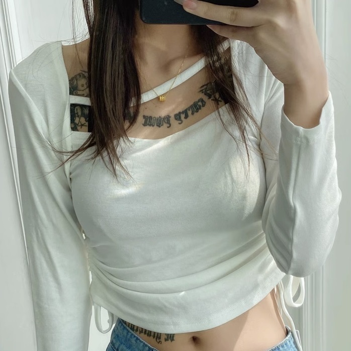 Hot selling side pleated drawstring long-sleeved knitted bottoming shirt (white) (S/M size) (contact customer service after placing the order to confirm the delivery size)