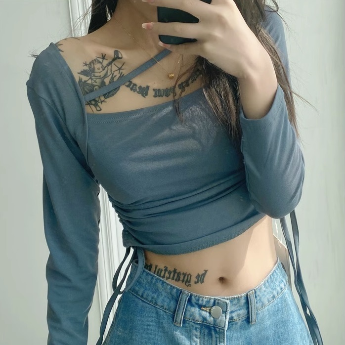Hot selling side pleated drawstring long-sleeved knitted bottoming shirt (dark gray) (S/M size) (contact customer service after placing the order to confirm the delivery size)