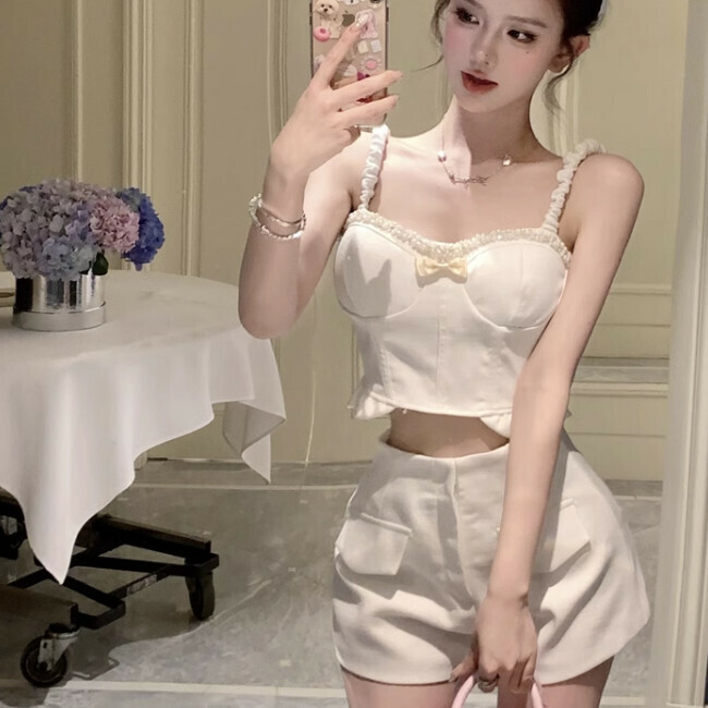 Hot selling camisole + shorts (S-L sizes) (white suit) (contact customer service after placing the order to confirm the delivery size)