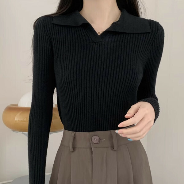 Hot Selling Striped Polo Collar Long Sleeve Sweater (One Size) (Black)