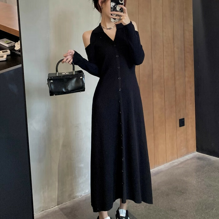 Hot Selling Off Shoulder Long Sleeve Knitted Dress (One Size) (Black)