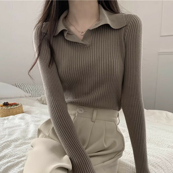 Hot Selling Striped Polo Collar Long Sleeve Sweater (One Size) (Khaki)