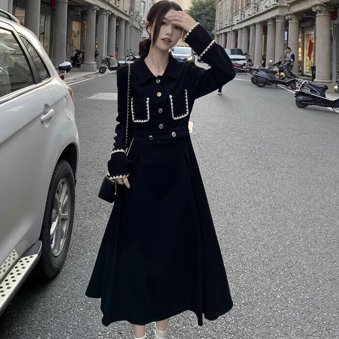 Hot selling temperament pleated long dress (S-XL size) (black) (contact customer service after placing the order to confirm the delivery size)