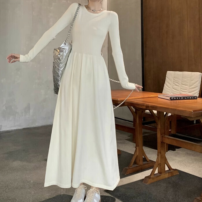 Hot Selling Simple Long Sleeve Knitted Long Skirt (One Size) (Apricot)