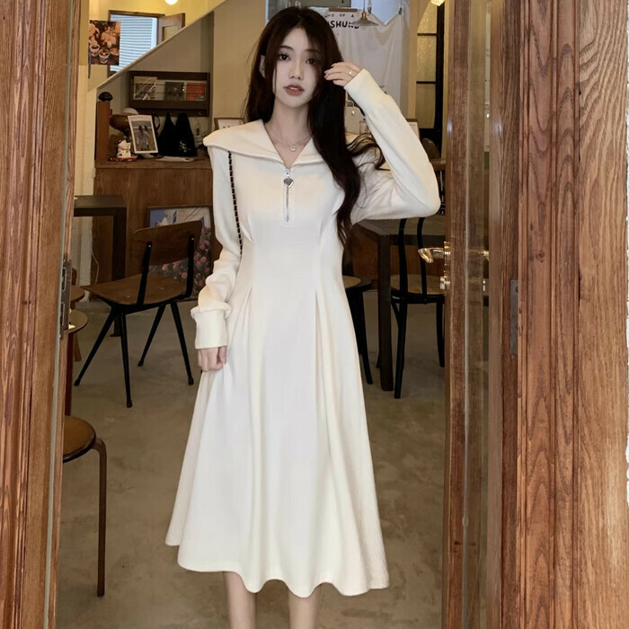 Hot Selling Navy Collar Love Button Dress (S-XL) (Apricot) (Contact customer service after placing order to confirm delivery size)