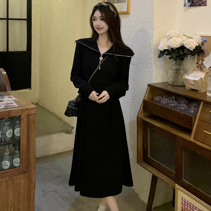 Hot Selling Navy Collar Love Button Dress (S-XL) (Black) (Contact customer service after placing order to confirm delivery size)