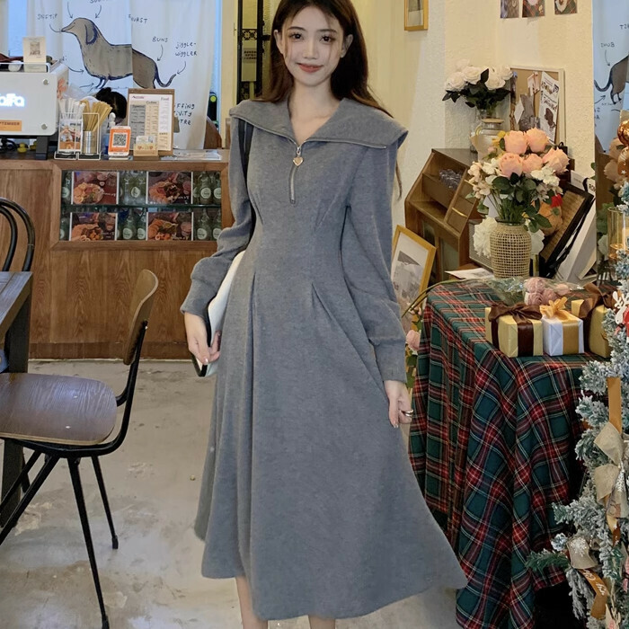 Hot Selling Navy Collar Love Button Dress (S-XL) (Gray) (Contact customer service after placing order to confirm delivery size)