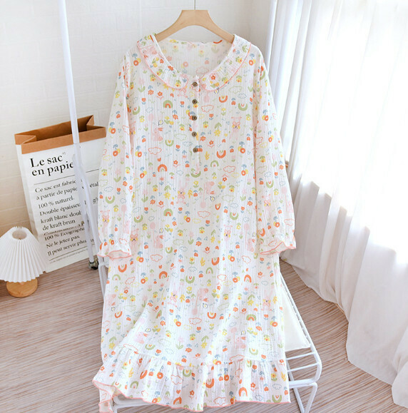 Spring and summer crepe long-sleeved fungus neck nightdress (LYZ white rainbow rabbit) [M-XL size] [Contact customer service to confirm the shipping size after placing an order]