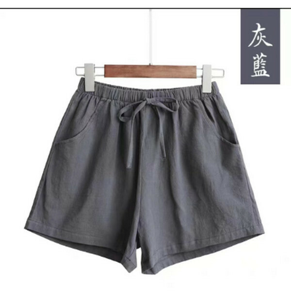 新款夏天帶口袋闊腿休閑棉麻短褲【灰藍】【S-XL碼】【下單後聯系客服確認尺碼】
