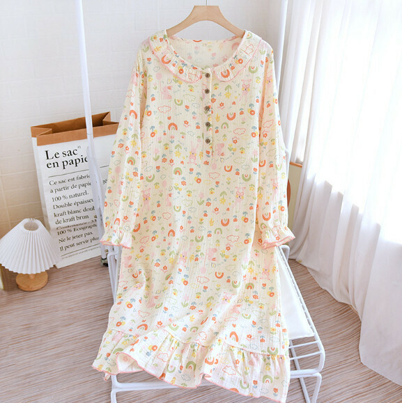 Spring and Summer Crepe Long Sleeve Fungus Neck Nightdress (LYZ Bei Rainbow Rabbit) [M-XL Size] [Contact Customer Service to Confirm Shipping Size after Placing an Order]