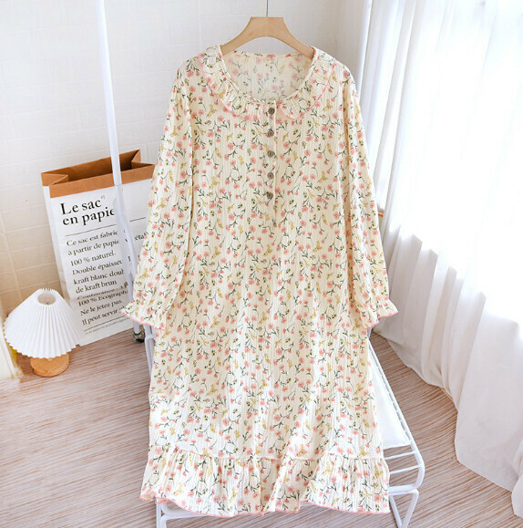 Spring and summer crepe long-sleeved fungus collar nightdress (LYZ carnation) [M-XL size] [Contact customer service to confirm the shipping size after placing an order]