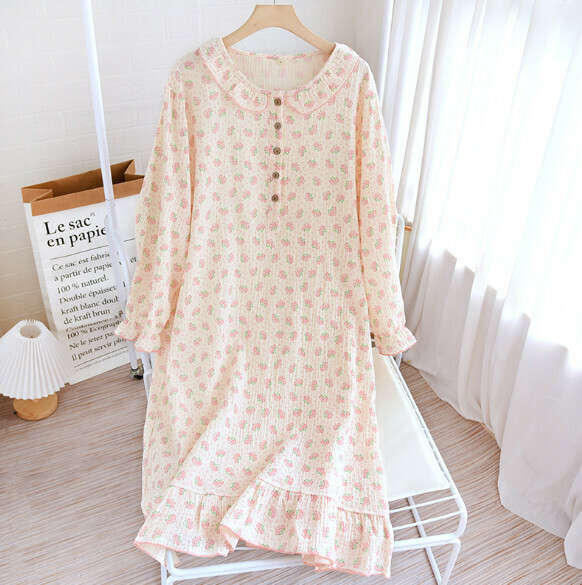 Spring and summer crepe long-sleeved fungus collar nightdress (LYZ rose) [M-XL size] [Contact customer service to confirm the shipping size after placing an order]