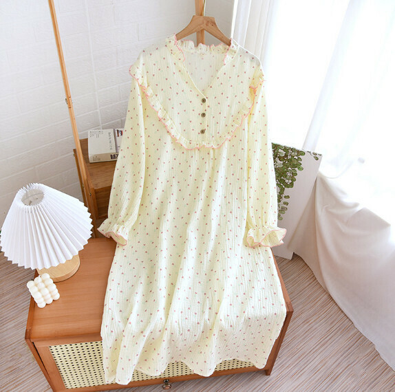 Spring and summer long-sleeved crepe V-neck nightdress (LYZ red tulip) [M-XL size] [Contact customer service to confirm the shipping size after placing an order]