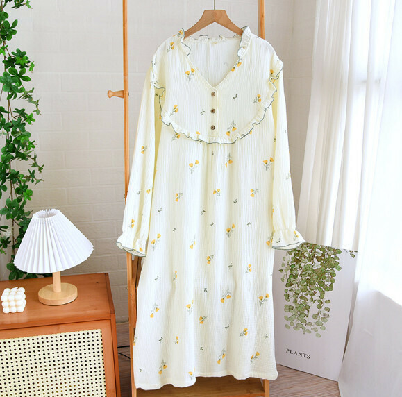 Spring and Summer Long Sleeve Crepe V-Neck Nightdress (LYZ Bellflower) [M-XL Size] [Contact Customer Service to Confirm Shipping Size After Placing an Order]