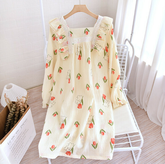 Spring and Autumn Crepe Square Neck Long Sleeved Nightdress (LJ Tulip Bunny) [M-XL Size] [Contact Customer Service to Confirm Shipping Size After Placing an Order]
