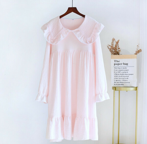 Spring and Autumn Thin Large Lapel Crepe Long Sleeve Nightdress (LH Pink) [M-XL Size] [Contact Customer Service to Confirm Shipping Size after Placing an Order]
