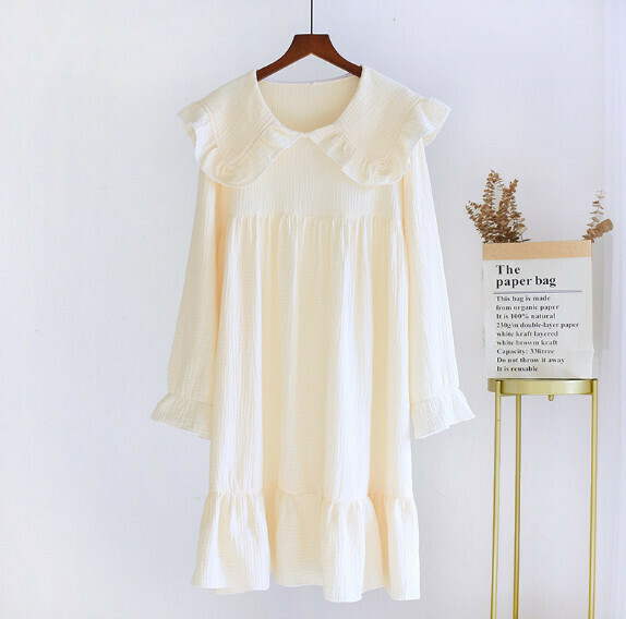 Spring and Autumn Thin Large Lapel Crepe Long-Sleeved Nightdress (LH Beige) [M-XL Size] [Contact Customer Service to Confirm Shipping Size after Placing an Order]