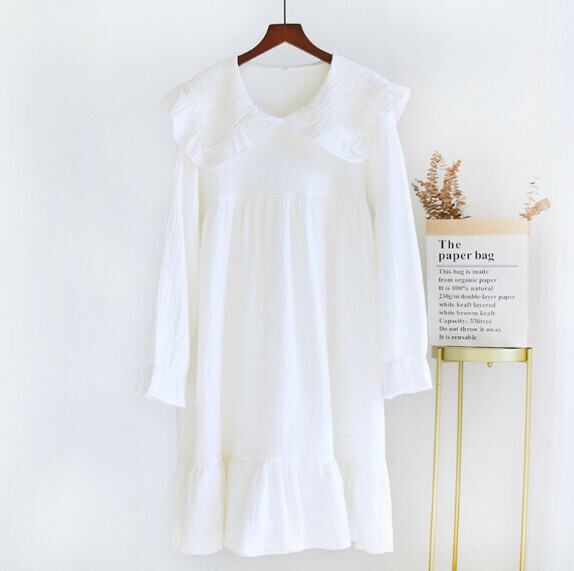 Spring and Autumn Thin Large Lapel Crepe Long-Sleeved Nightdress (LH White) [M-XL Size] [Contact Customer Service to Confirm Shipping Size after Placing an Order]