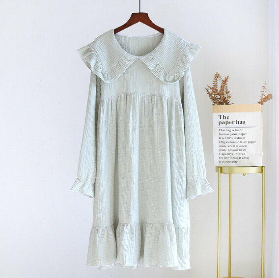 Spring and Autumn Thin Large Lapel Crepe Long-Sleeved Nightdress (LH Green) [M-XL Size] [Contact Customer Service to Confirm Shipping Size after Placing an Order]