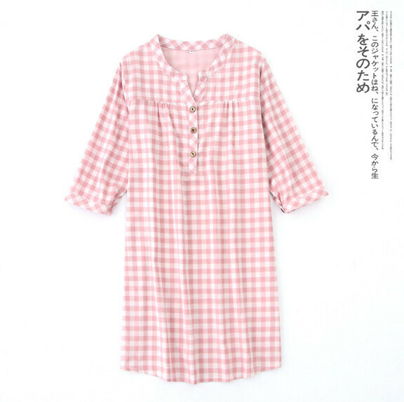 Spring and summer gauze plaid nightdress (pink) [M-L size] [Contact customer service to confirm the shipping size after placing an order]
